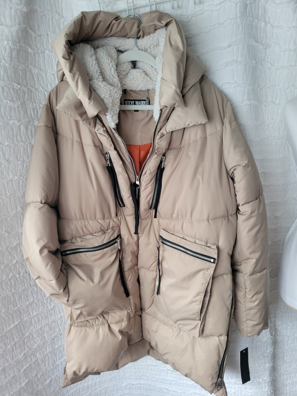 Steve Madden Taupe Long Sherpa-Lined Puffer Coat